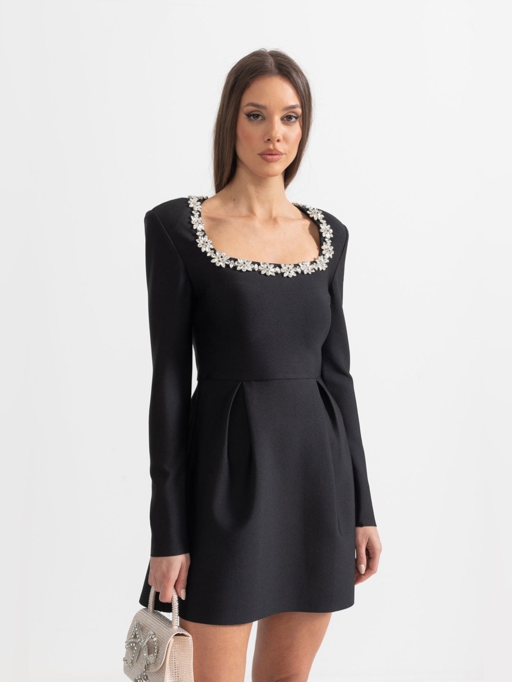 Stunning Black Square Neck Mini Dress Silver Rhinestone Floral Details Size S 💎